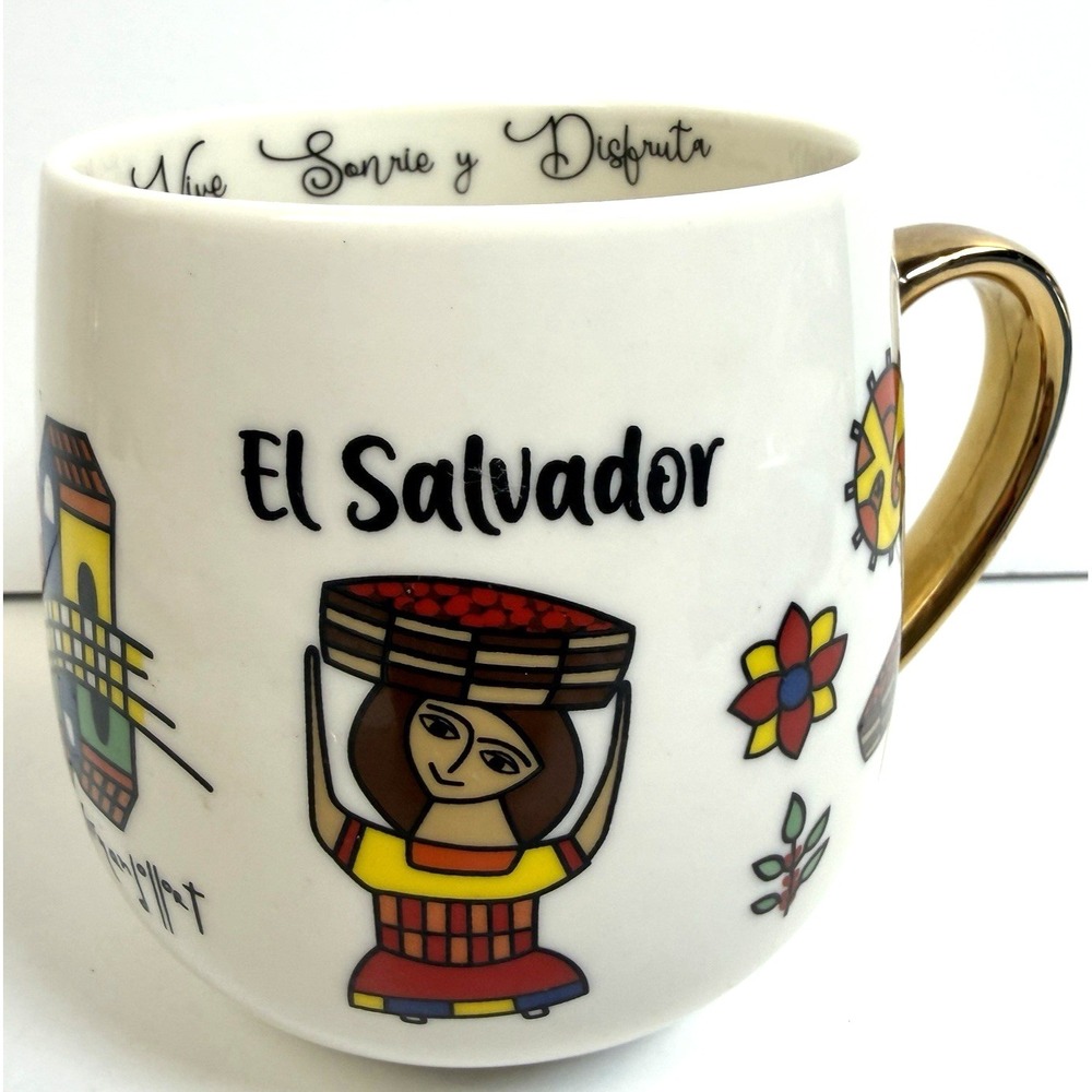 El Salvador The Coffee Cup Souvenir Mug Gold Handle Folk Art Ceramic Cup